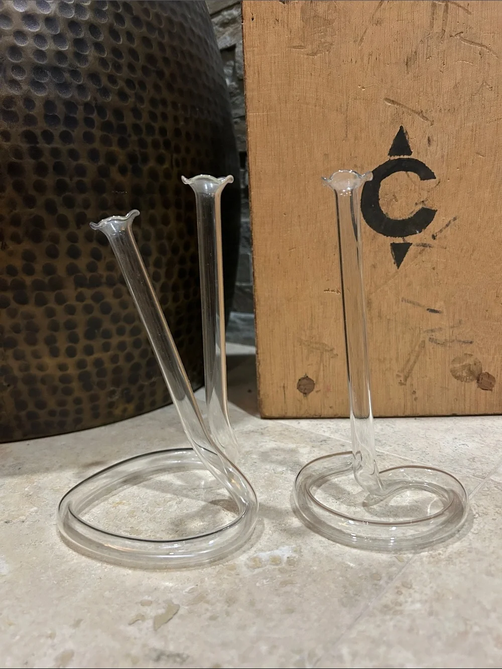 2 vintage hand-blown glass double cylinder twisted infinity tube bud vases